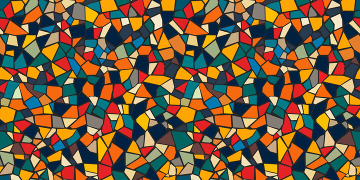 Abstract mosaic, a seamless design. A vector background. Perfect for creating a backdrop. Ceramic tile fragments. Colorful broken tiles, a mosaic of yellow, blue, and red.