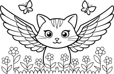 Outlined Feline Angel with Wings Among Blooming Flowers and Butterflies Art
