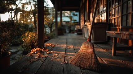 Broom on Wooden Porch Floor with Cozy Garden in Background during Golden Hour Lighting, Outdoor Cleaning Concept