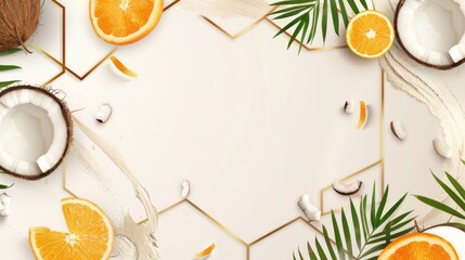 Tropical citrus and coconut frame with gold geometric border and palm leaves on summer cream background with place for text