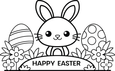 Happy Easter Rabbit with Eggs Flowers Line Art Design on White Isolated Background