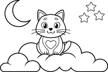Cat Sitting on Cloud with Moon and Stars Outlines on White Background