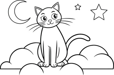 Cat Outline Sitting on Clouds with Moon and Stars Line Art for Coloring Page