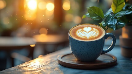 Cozy coffee cup with heart latte art on a wooden table, warm sunlight streaming in background