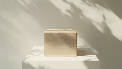 Closed cardboard box with tape in soft natural light and shadows on neutral background