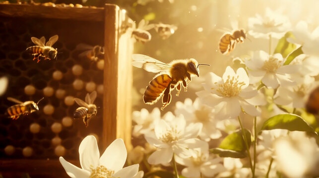 A close-up shot of an open beehive with honeybees flying around, and white flowers in the background - Powered by Adobe