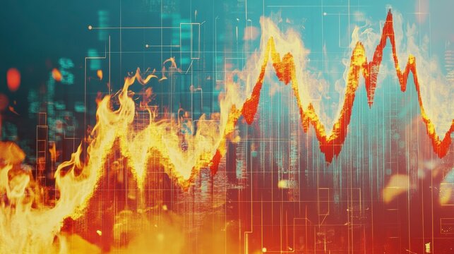 Burning graph depicting financial crisis, market crash, or economic downturn.