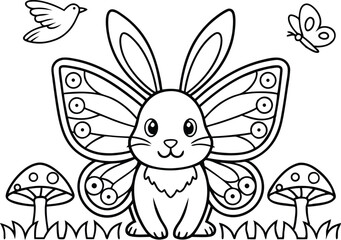 Smiling Rabbit with Butterfly Wings, Mushroom, Bird and Butterfly on White