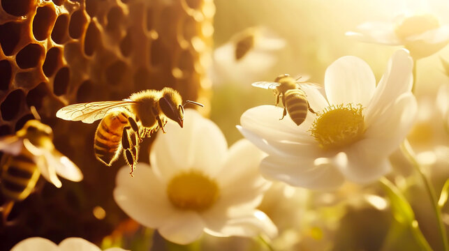 A close-up shot of an open beehive with honeybees flying around, and white flowers in the background