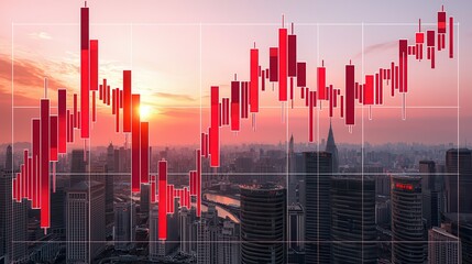 Global economy China stock market impact Financial chart overlaying a sunset skyline in a cityscape.