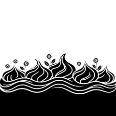 Stylized Black and White Graphic Border: Abstract Organic Shapes, Waves, and Flowers