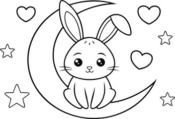 Line Art Bunny on Moon with Stars and Hearts on Transparent Background Design