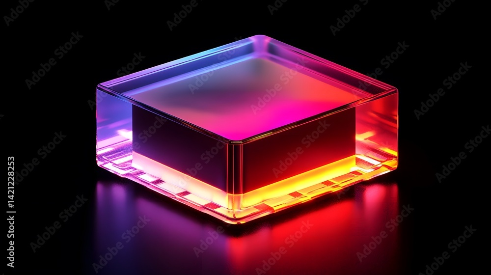 Poster a transparent cube with multicolored light reflections
