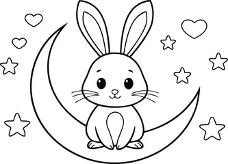 Cute Outlined Bunny on Moon with Stars and Hearts, Transparent Background