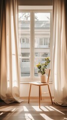 A wooden chair with a potted plant by a window with sheer curtains