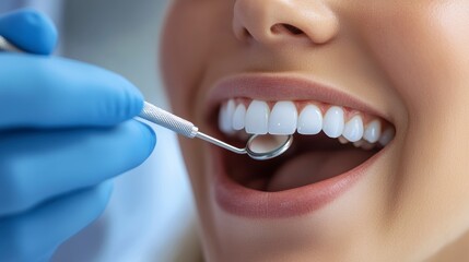 Fototapeta premium Close-up of dentist examining a patient's healthy teeth with a dental mirror.