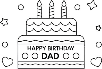 Line Art Cake with Dad Message, Candles, Hearts, Stars, and Circles on Transparent