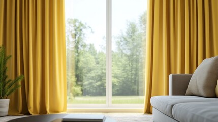 Modern Living Room with Yellow Curtains and Large Window