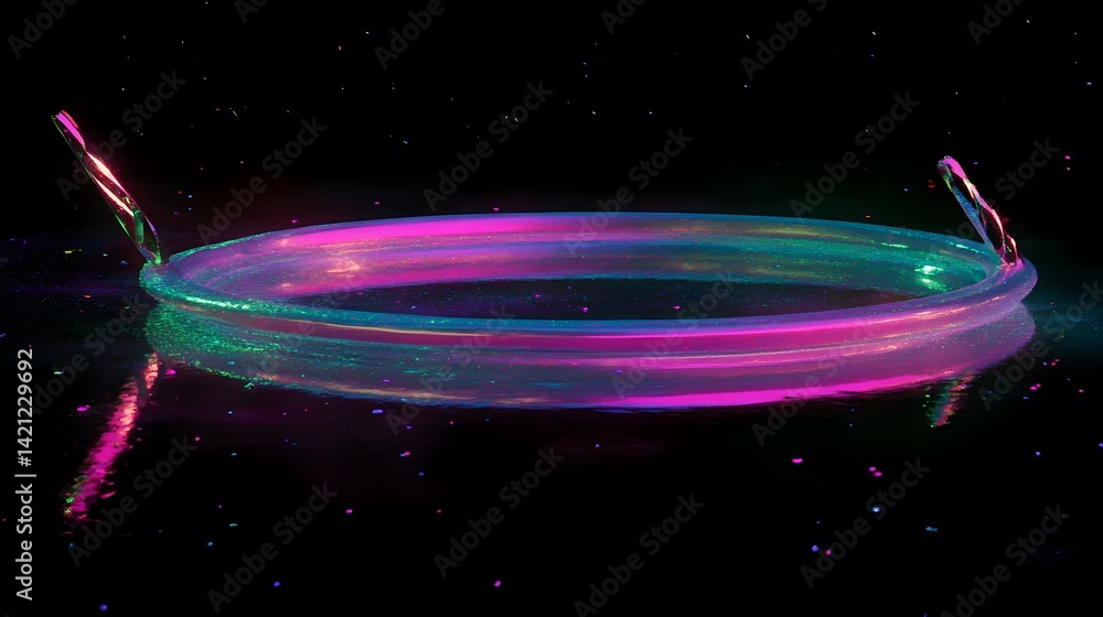 Poster a glowing circular structure with light beams in a dark, starry background