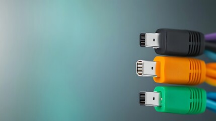 Colorful cables arranged vertically on a blurred background, highlighting connection and technology