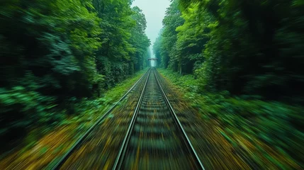 Fotobehang Blurry perspective of train tracks disappearing into vibrant green foliage tunnel towards a distant overpass, creating a feeling of speed and momentum © Ahmad M.