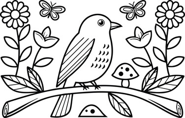 Black outline bird perching on branch with flowers, mushrooms, butterflies drawing