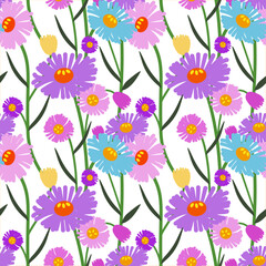 Daisy flower seamless pattern on white background. Featuring blossoms, elaborate nature elements. Perfect for fashion, fabric and wallpaper. Vector and illustration.