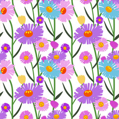 Daisy flower seamless pattern on white background. Featuring blossoms, elaborate nature elements. Perfect for fashion, fabric and wallpaper. Vector and illustration.