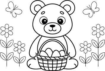 Outline Teddy Bear Holding Basket of Easter Eggs Flowers Butterflies