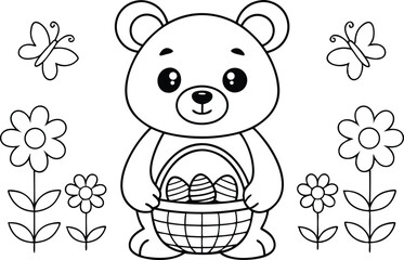 Outlined Teddy Bear Holding Basket with Eggs Surrounded by Flowers Butterflies