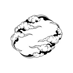 Stylized Asian Clouds Graphic Element. Traditional Black and White Swirling Cloud Circle. Ink Style Illustration.