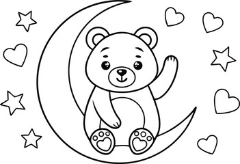 Linear Bear on Crescent Moon with Stars Hearts, Outline Style on White Background