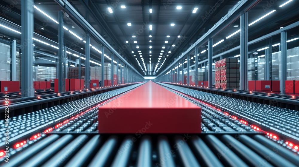 Poster modern warehouse interior with automated conveyor system transporting red packages efficiently