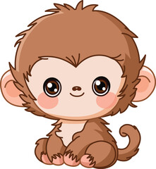 Cute Cartoon Baby Monkey Kawaii Sitting and Smiling