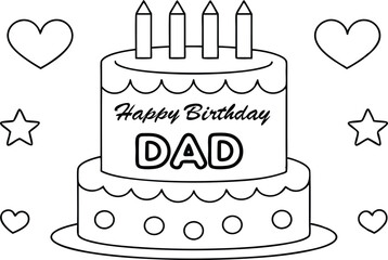 Line art cake, Happy Birthday Dad text, star and heart shapes, isolated on white