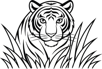 Tiger Head Among Grasses Outline Silhouette Wild Animal Black and White