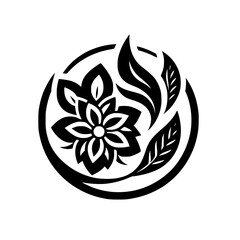 Elegant Monochrome Flower and Leaf Design in Circle - Nature Inspired Graphic Vector Illustration