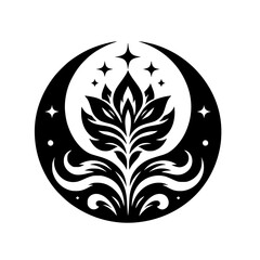 Mystic Celestial Floral Emblem with Stars and Crescent Moon - Black and White Graphic Illustration