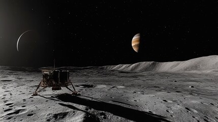 Lunar lander on alien planet surface with Jupiter and crescent moon in background.