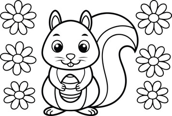 Black and white cartoon squirrel with flowers holding egg outline art