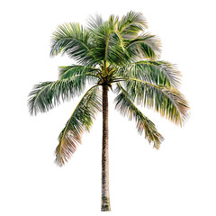 Fototapeta premium A single tall coconut palm tree with a slender trunk and wide green fronds presented in isolation with high detail and realistic tropical appearance on a transparent background