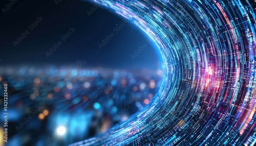 Poster abstract digital wave with vibrant colors representing data flow in technology.