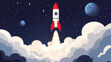 Red rocket launching into space amidst clouds and planets.