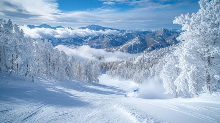 Obraz premium Skiing Through a Winter Wonderland: A Snowy Mountain Adventure on a Crisp Clear Day
