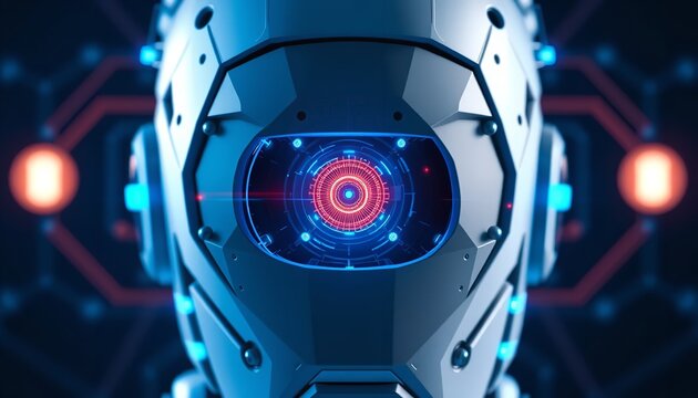 Futuristic Robot Head Advanced Technology Digital Art Sci Fi Cyberpunk Artificial Intelligence Modern Design Blue Red Lights      