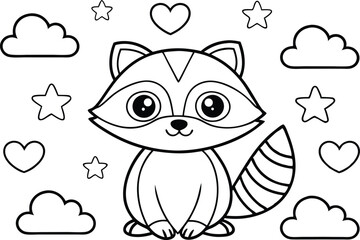Cartoon Raccoon with Star, Heart, Cloud Shapes. Outline Style Design on White Background