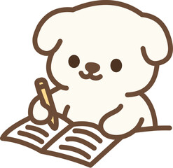 Cute White Puppy Writing in a Notebook with a Pencil
