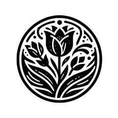 Stylized Black and White Floral Circle Ornament - Vintage Tulip Illustration