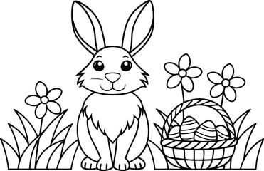 Cartoon White Easter Rabbit With Basket Full Of Striped Eggs And Flowers Outline