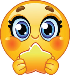 Cute Emoji Emoticon Holding a Glowing Yellow Star